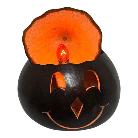 Vintage Gourd Lighted Orange & Black Pumpkin Halloween Hand Carved Folk Art Fall - Picture 9 of 13
